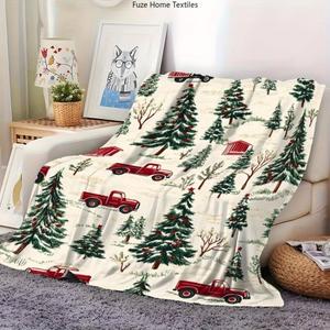 Couverture en flanelle à motifs de sapins de Noël et camions, couverture de sieste, décoration de fête, cadeau de Noël, lavable en machine, résistant à la décoloration - Product Image 1