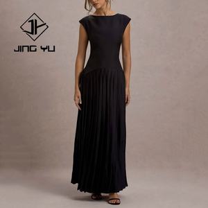 OEM <b>Summer</b> Women's <b>Dress</b> Black Fashion Pleated Boat Neckline Short <b>Sleeve</b> <b>Dress</b> Luxury Satin <b>Maxi</b> <b>Dress</b> - Product Image 1