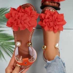 <span class=keywords><strong>Sandalias</strong></span> <span class=keywords><strong>Planas</strong></span> de Gasa con Flores 3D para <span class=keywords><strong>Mujer</strong></span>, Diseño OEM ODM, con Perlas, Bola Dorada, Correa Ajustable en el Tobillo, Antideslizantes, Punta Abierta, Estilo Boho, para Playa - Product Image 6
