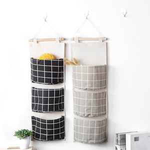 Wall Mounted Storage <b>Bag</b> With Three Pockets Cotton Linen Fabric <b>Punch</b> Free Home Decor Organizer White Black Gray - Product Image 3