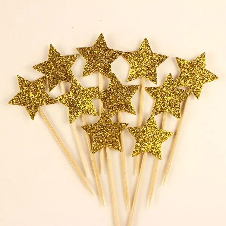 Crianças Holiday Party Cake Decorações Suprimentos Gold Glitter Little Star Cupcake Toppers