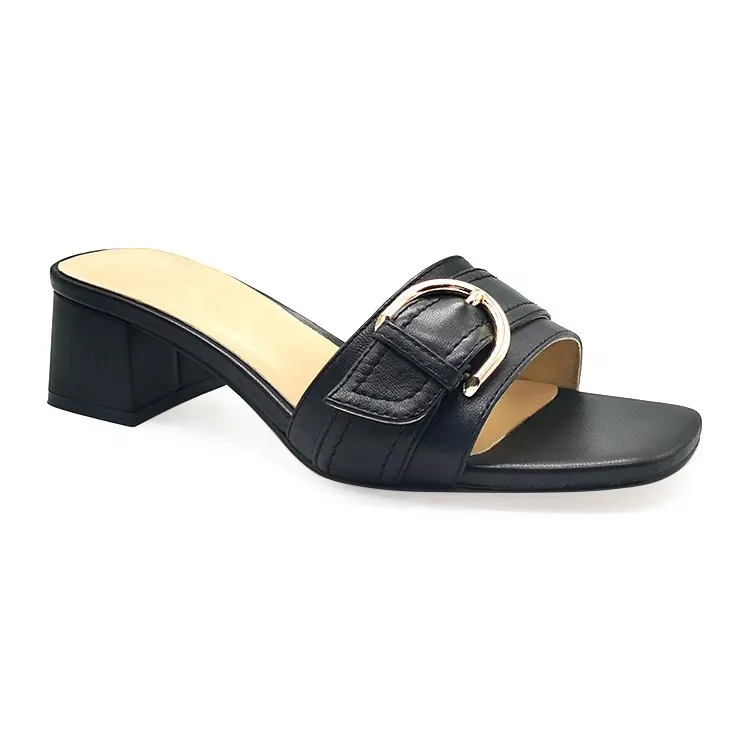 women leather block heel slippers black leather sandals