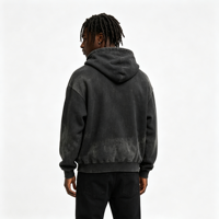 Sweat à capuche surdimensionné pour homme en molleton bouclette 450 g/m² personnalisé OEM, noir délavé à l'acide, effet vieilli, imprimé flamme sur les manches