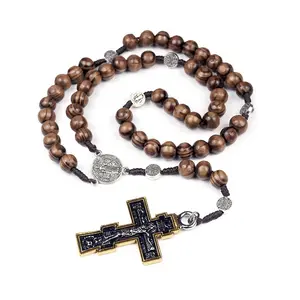 Rosari intrecciati in corda 10mm perline di legno fatte a mano nostra padre croce crocifisso collana con ciondolo rosario per uomo