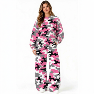 Conjunto de 2 piezas para mujer, sudadera de manga larga con cuello redondo y pantalones de camuflaje rosa, servicio OEM. - Product Image 1