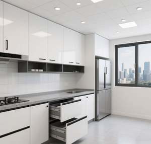 Gabinetes de Cocina Modulares Modernos Blancos SANTOPOVA con Tiradores Negros, Estantes Abiertos y Encimera de Cuarzo Gris - Product Image 1