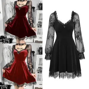 Nuovi Arrivi: Mini Abiti Gotici con Pizzo Floreale, Maniche a <span class=keywords><strong>Poeta</strong></span>, Patchwork in Velluto, Vestito a Strati per Feste da Donna, Tre Colori - Product Image 1