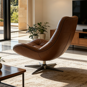 Sillón Giratorio Moderno de Cuero Marrón Estilo Italiano, Sillón de Diseño Ergonómico con Botones para Sala de Estar - Product Image 5