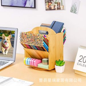 Portalápices giratorio de bambú, organizador de escritorio de 2 niveles, caja de almacenamiento de papelería multiusos de color madera Natural para uso en oficina y estudiantes - Product Image 1