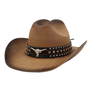 Chất Lượng Cao Mát Texas Phong Cách Giấy Rơm Bán Buôn Người Đàn Ông Của Rộng Mũ Mặt Trời Cao Bồi Mũ Với Cổ Điển Đầu Bò Ban Nhạc Kim Loại - Product Image 1