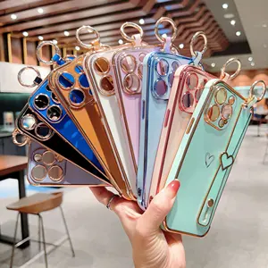 Factory Wholesale Hot Sale Luxury Wrist Strap Empty Heart Shaped Plating Phone Case For IPhone 15 14 13 12 11 Pro Max Plus