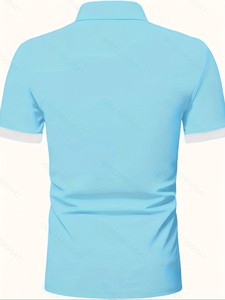 Chemise à manches courtes pour homme, bleu marine, col et poignets bleu marine, logo brodé, style preppy, respirante, tissée, extensible dans les quatre sens - Product Image 2
