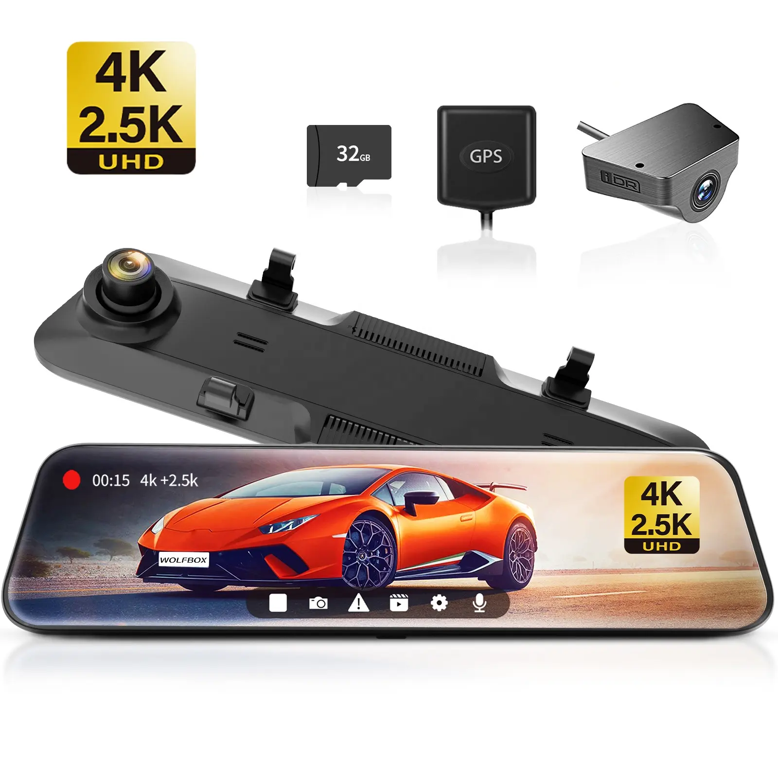 WOLFBOX 12" Full Touch Screen Night Vision Dual Dash Cam Front And Rear 4k Car Black Box Mirror Dash Cam With Parking Assist