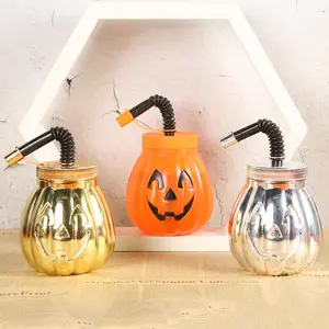 Halloween Party Mugs Plastic Pumpkin Cute Novelty Gift Cheap Drinking Mugs With Straw
