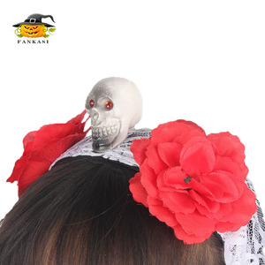 Diadema de novia con calavera de Halloween, con flores rojas y velo, para niñas, accesorio de disfraz para juegos de rol - Product Image 4