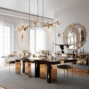 Mesa de Comedor Rectangular de Nogal Negro con Estructura de Acero Inoxidable Dorado Pulido para <span class=keywords><strong>Restaurante</strong></span> de Villa, Muebles de Comedor de Alta Gama - Product Image 4