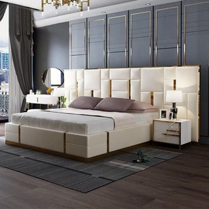 Lit en cuir de luxe moderne pour hôtel, lit double, king size, queen size, lit en bois avec tête de lit longue et luxueuse - Product Image 3