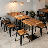Table de salle à manger rectangulaire en bois avec chaises de bar, design rétro industriel, structure métallique, pour restaurant