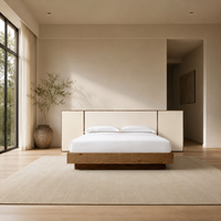 Lit plateforme en bois rustique style ferme avec tête de lit à panneaux larges pour chambre principale, villa, hôtel, complexe hôtelier, chambre d'hôtes, appartement