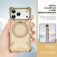 Funda Magnética de Aluminio sin Marco para iPhone 17 15 16 Pro Max con Protección de 360° °   Soporte de Anillo para PC, Panel Trasero a Prueba de Golpes