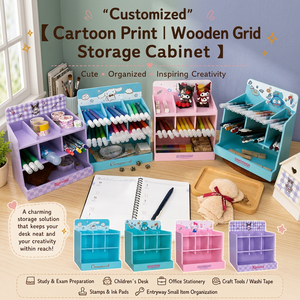Cartoon Print Wooden Grid Three-Layer Rectangle Desk Organizer <b>Storage</b> Cabinet Multi Compartment Stationery Holder for Study - Product Image 2