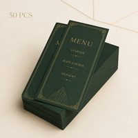Cartes de menu de mariage personnalisées de luxe vert forêt avec bordure dorée Art Déco, menus de table de réception personnalisés
