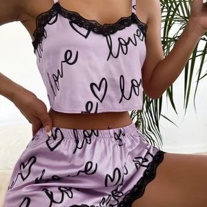 Pyjama d'été pour femme, imprimé mignon, avec dentelle, ensemble nuisette tendance, vente en gros - Product Image 1