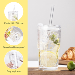 Bicchiere in Vetro <span class=keywords><strong>da</strong></span> 480ml con Coperchio e Cannuccia, Design <span class=keywords><strong>a</strong></span> Diamante, Riutilizzabile, Sicuro per Alimenti, per Caffè Freddo, Tè, Succo - Novare - Product Image 1