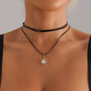 European and American Cross-Border Jewelry Black PU Rope Collarbone Chain Bohemian Ethnic Style Moon Star Sun Pendant Necklace - Product Image 2
