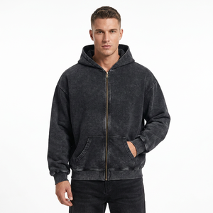 Sweat à capuche zippé pour homme en molleton 100% coton, délavage acide, respirant, 380g, couleur unie, streetwear d'hiver, manches classiques, design tricoté - Product Image 1