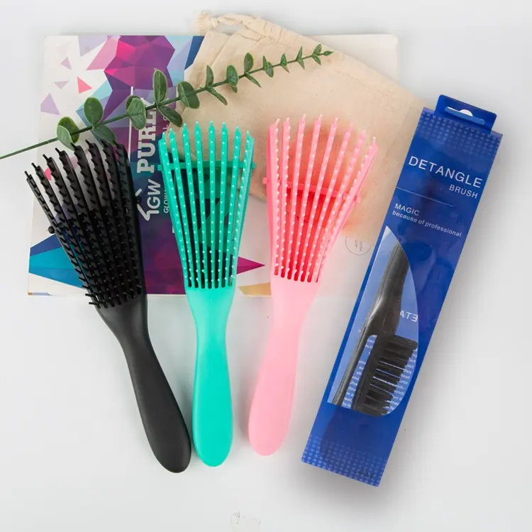 Gloway Plastic Anti-Static 8 Rows 3a~4c Detangler Brush Professional Detangling Hair Brush Afro Comb For Curly Hair