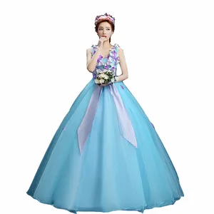 3D花の色のウェディングドレス新しい韓国スタイルライトブルー王女のウェディングドレスaラインパーティードレス