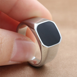 Men's Geometric Titanium Steel <b>Ring</b> <b>Silver</b> Black Epoxy Square Retro Punk Style Jewelry Gift 24064 - Product Image 3