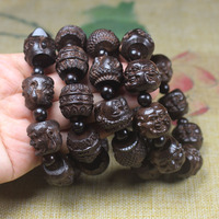Gravure sur bois faite à la main stretch bonne chance bouddha Avalokitesvara lotus bracelet hommes bijoux
