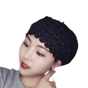 Muslim Fashion Women's YASEEN Breathable Eco-Friendly <b>Elastic</b> <b>Lace</b> Pearl Headwear Headscarf for All Seasons - Product Image 1