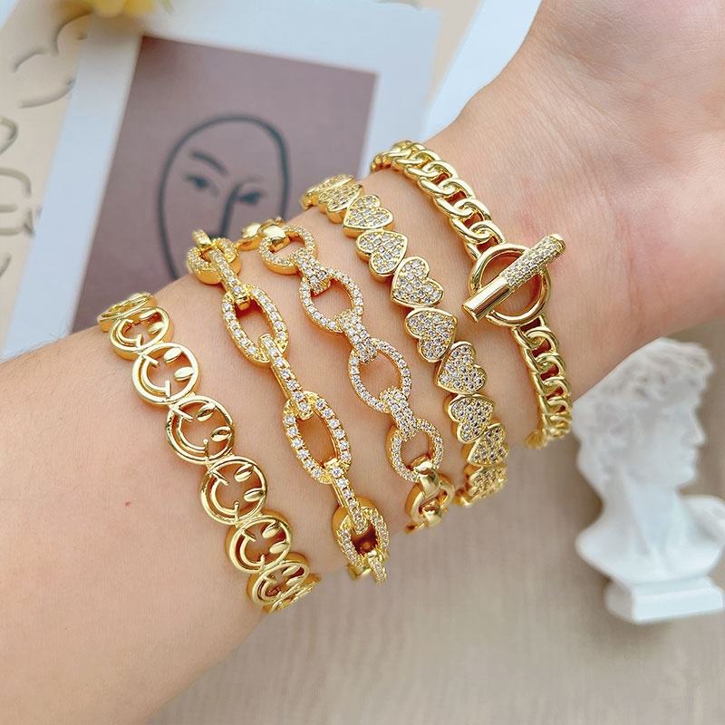 Fashion Jewelry Link Chain Bangles 18k Gold Plated Cubic Zirconia Happy  Face and Heart Bangle