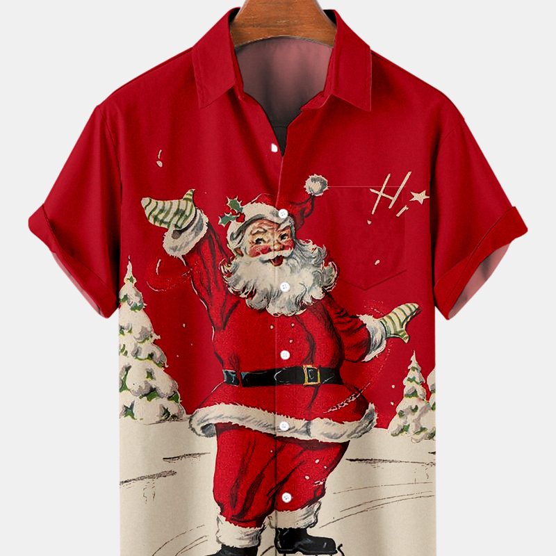 2022 Hot Selling Oem Cotton Men's Holiday Shirt Lapel Button Can Be Customized Printed Christmas Design Short Sleeve Shirt