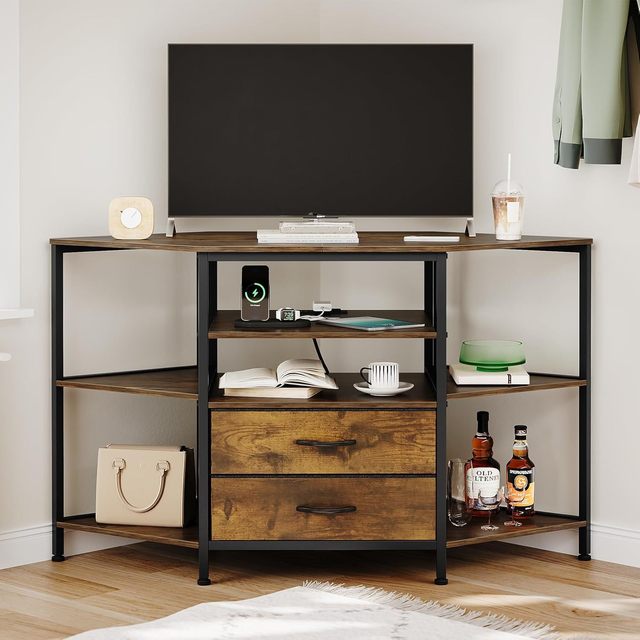 Dareko Industrial Corner TV Stand with 2 Drawers Storage Antique Media Console for 50-54in TVs Iron & MDF Living Room Furniture