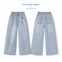 Jeans pour filles avec broderie en forme de cœur, taille haute élastique, jambes larges, pantalon en denim pour enfants, fabrication sur mesure, étiquette privée OEM
