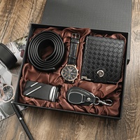 Set Hadiah Jam Tangan Pria Chronograph Bisnis, Dompet, Sabuk, Gantungan Kunci 5pcs/set, Hadiah Ulang Tahun Liburan