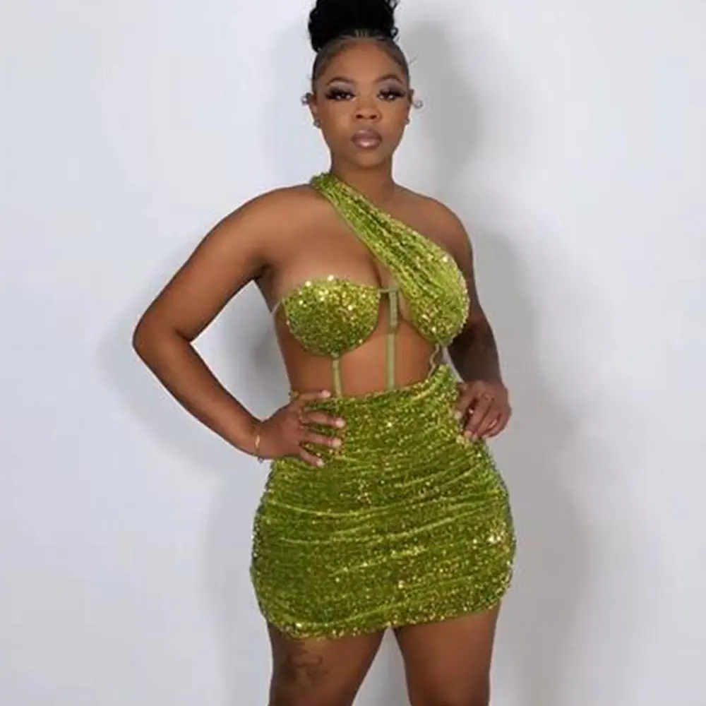 Sexy Corset Lace See through Outfits Casual Ruffles Celebrity Birthday Evening Dress Mini Bodycon Party Green Sequin Club Dress