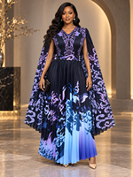Nouvelle Arrivée Robe de Soirée Plissée Miyaki Grande Taille Maxi Col V Manches Cape Imprimé Floral Ceinture Perlée Élégante Vente en Gros pour Femme