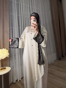 Abito Musulmano Elegante Fatto a Mano in Poliestere con Pois, Nuovo Modello Primavera 2026, Vestito Modesto con Bordo in Pizzo, Stile Ampio <span class=keywords><strong>Abaya</strong></span> per Donne - Product Image 2