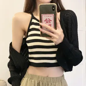 Striped Short Style Suit Women's Early Spring Korean Style Knitted Camisole Knitted Cardigan Two-Piece Set Fashion