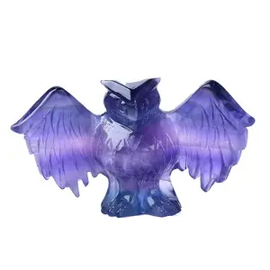 Wholesale Natural Gemstone Bird Carving Healing Stones Crystal Fluorite Owl Carving Ornament For Decoration
