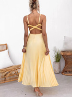 Nouvelle Robe Longue Plissée Unie Sexy et Élégante pour Femme, Col en V Profond, Sans Manches, Taille Haute, Collection Été 2026