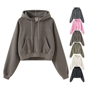 Haut de gamme Automne/Hiver Europe et États-<span class=keywords><strong>Unis</strong></span> – Sweat à capuche court vintage délavé et molletonné pour femme, style tendance - Product Image 1