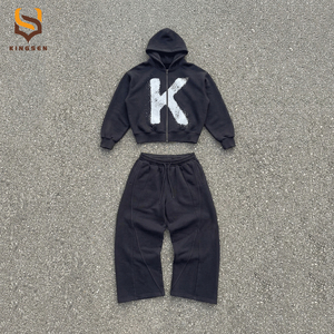 Ensemble de survêtement unisexe surdimensionné en coton 100% avec impression graphique personnalisée, sweat-shirt à fermeture éclair et pantalon de survêtement à jambes larges - Product Image 2