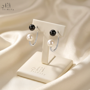 Bijoux uniques en perles noires et blanches, or blanc massif 18 carats, véritables perles d'eau douce naturelles, boucles d'oreilles en diamants pour un usage quotidien - Product Image 3