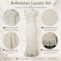 Ensemble 2 pièces en dentelle pour femme : Crop top à col carré et volants, jupe longue sirène fendue taille haute, coupe ajustée à la cheville – Tenue de vacances élégante